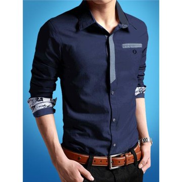 秋天藍色牛仔襯衫衣男長袖韓版薄款抗皺修身村衫拼接西裝休閑襯衣