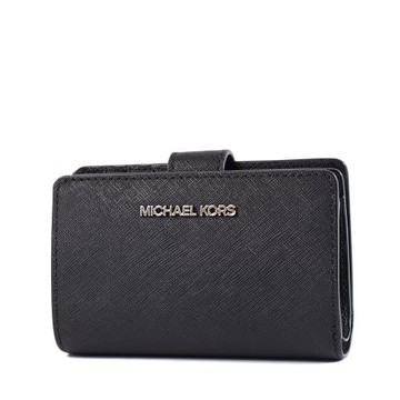 MICHAEL KORS 銀字LOGO素面防刮皮革釦式中夾-黑色