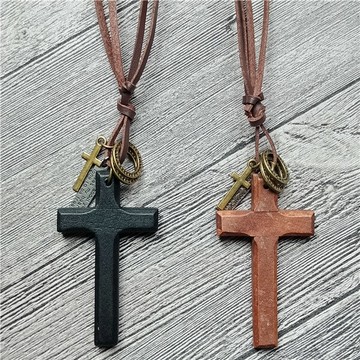 2018毛衣新款木質十字架藏長款項鏈復古文藝范時尚男女士吊墜韓版