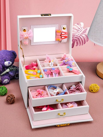 多層兒童頭飾發卡帶鏡女孩寶寶頭繩發飾卡圈發夾皮筋收納首飾盒子