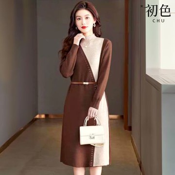 初色 簡約休閒拼接針織高領長袖中長裙連衣裙連身洋裝-共3色-16150(F可選)