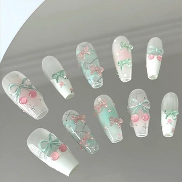 【高級感美甲】美甲 高級半手工春夏芭樂少女蝴蝶結櫻桃穿戴薄荷汽水氣質指甲顯白美甲 指甲 指甲貼 指甲貼片 穿帶甲片