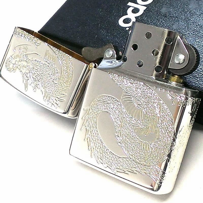 ZIPPO ライター 龍 鳳凰 ジッポ シルバー ドラゴン 銀金 三面連続加工