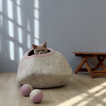 送逗貓球_手工羊毛氈貓窩 半封閉寵物窩 睡窩_公平貿易
