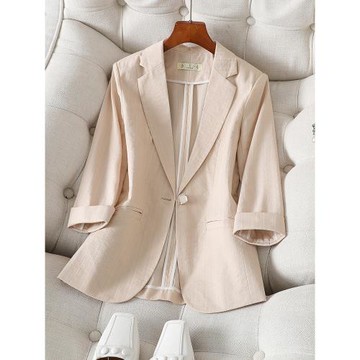 杏色亞麻西裝外套女夏季薄款2025新款休閑小個子短款七分袖小西服