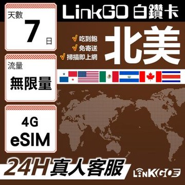 LinkGO白鑽卡 北美 eSIM卡 7天吃到飽不降速 高速流量(北美網卡 美國 加拿大 墨西哥)