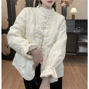 冬季新款氣質棉衣外套女新中式國風盤扣刺繡夾棉加厚保暖氣質棉服