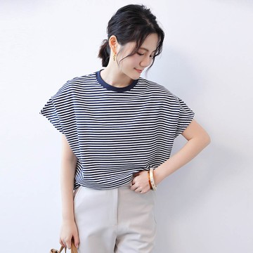 Yukié - 包色推薦！超顯瘦壓褶法式袖上衣-藏青條紋 (F)