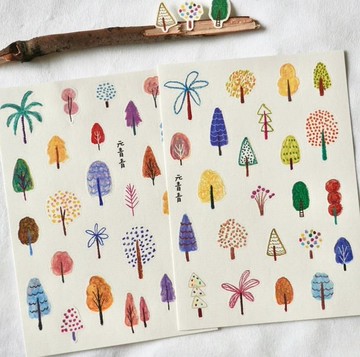 彩色小樹 雙材質 復古貼紙 塩系タッチ 手帳デコ