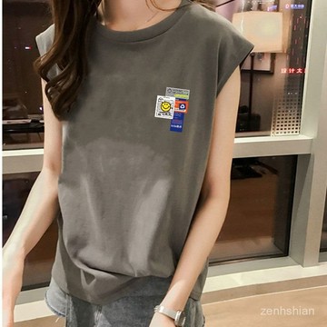 台灣出貨 設計感 棉t 大尺碼上衣 大碼背心 韓國女裝 INS風 印花t恤 圓領上衣 無袖背心 寬鬆上衣 顯瘦遮肚 女裝