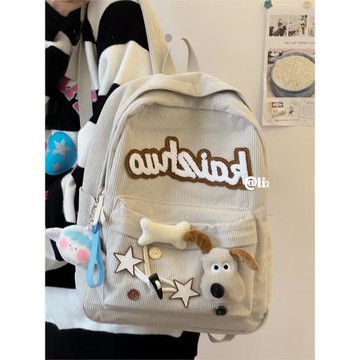 美式辣妹復古書包棕星星燈芯絨雙肩包秋冬初高中大學生休閑背包