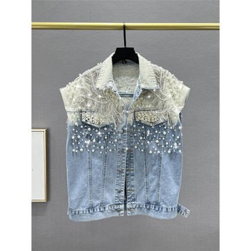 重工釘珠牛仔外套女無袖2023年新款春季寬松顯瘦歐貨鑲鉆馬夾上衣