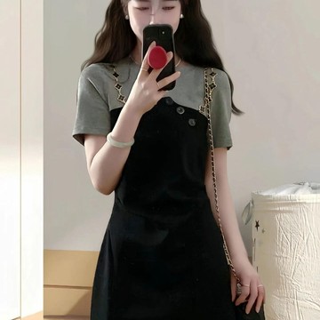 假兩件洋裝 連衣裙 A字裙 洋裝 長裙 收腰連衣裙女夏季新款微胖mm大碼拚接顯瘦小黑裙 韓係潮流服飾 休閒衣服 夏天衣服