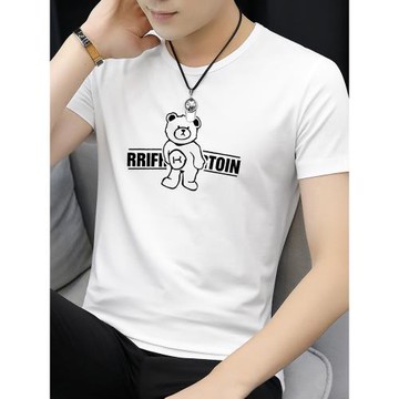 莫代爾白色t恤男短袖夏季上衣服小熊印花潮流青少年冰絲冰感半袖