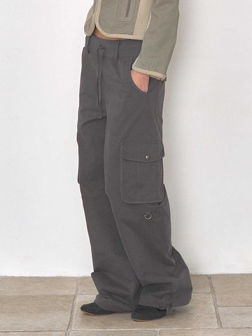 Elastic Waistband Two-Tone Cargo Pants [Charcoal]