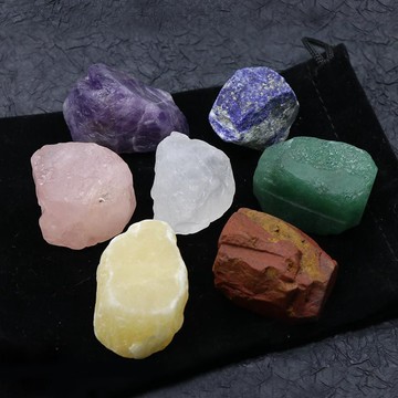 宏雲Hongyun-kls-683-7chakela天然水晶瑪瑙原石七顆含絨布袋 查克拉原石套裝
