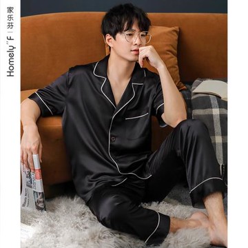 睡衣男士夏季絲綢冰絲薄款短袖長褲家居服男款夏天仿真絲大碼套裝