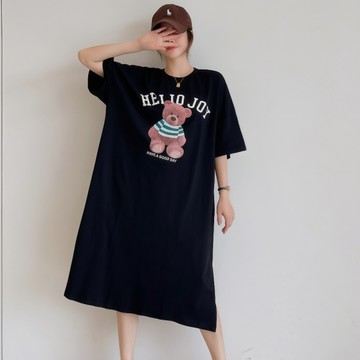 ＊ORead＊圓領印花長版連身裙(黑色M~2XL)