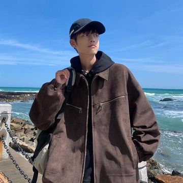 美式復古麂皮絨外套男春秋新款潮流高級感翻領夾克青少年男生衣服