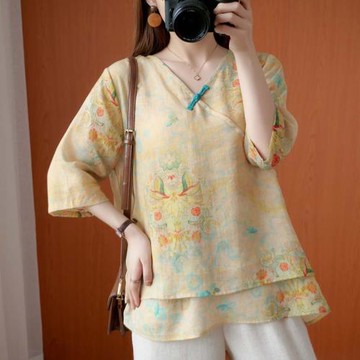 大碼女裝夏季胖mm寬松V領盤扣上衣顯瘦遮肉棉麻七分袖中式襯衫女