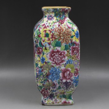 清乾隆年制粉彩描金萬花不落地四方花瓶仿古觀賞瓷器擺件古董古玩1入