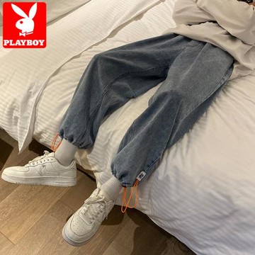 花花公子牛仔褲男春秋潮流ins寬松冬季闊腿褲加絨抽繩束腳長褲子