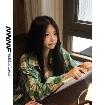 【MNMF】👚春秋新品👚春夏新款綠色格紋襯衫女慵懶風韓系防曬襯衣寬鬆小衆開衫上衣 春秋款 長袖襯衫