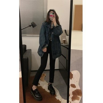 viiwen 秋冬限定復古深藍色 顯白寬松男友風深藍水洗牛仔外套夾克