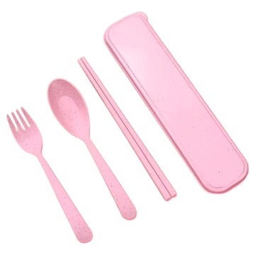 小麥餐具3件組 環保餐具 盒子／袋裝 筷子＋叉子＋湯匙  粉色  筷子1副 + 湯匙1支 + 叉子1支 + 外盒1個  1組