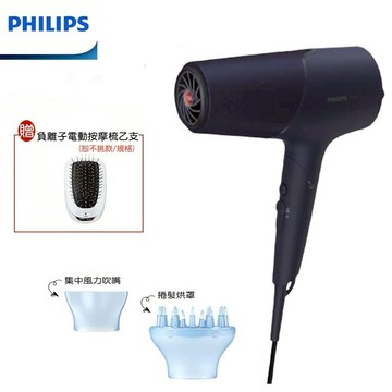 【PHILIPS 飛利浦】沙龍級護髮負離子吹風機 霧藍黑 贈負離子電動按摩梳BHD518