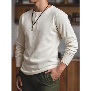 美式復古重磅華夫格亨利衫男亨利領長袖t恤針織衫阿美咔嘰衛衣潮