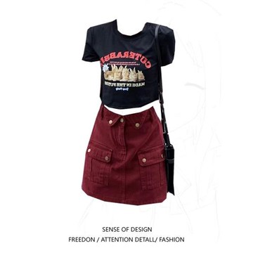 大碼胖妹妹安格拉兔兔甜酷辣妹短袖T恤上衣+高腰顯瘦半身裙兩件套