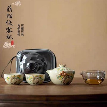 萌貓米黃汝窯陶瓷快客杯一壺二杯開片可養戶外旅行茶具便攜套裝
