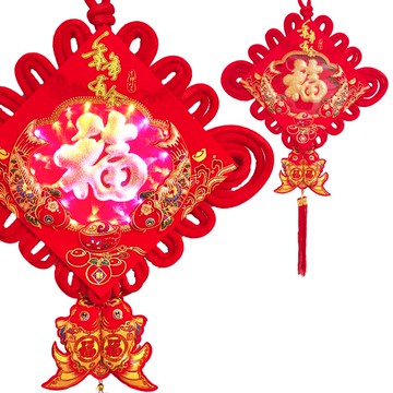 摩達客農曆春節開運◉40cm年年有餘絨金大福字結板雙魚流蘇吊飾掛飾單入(含LED電池燈)