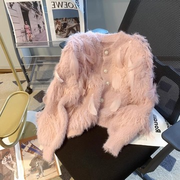 限時下殺 公主氣質小香風毛衣外套女春秋冬小個子釘珠流蘇仿皮草開衫上衣潮 時尚長袖針織衫 淑女風毛衣