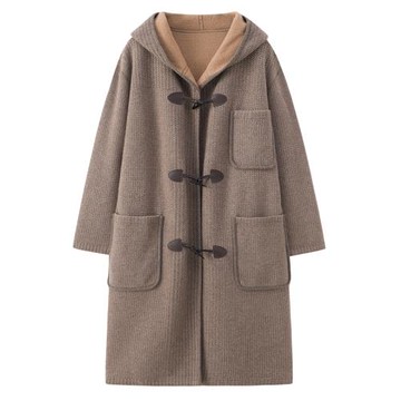 秋冬時尚新款100純羊絨大衣女開衫帶帽長款加厚寬松毛衣外套E3161