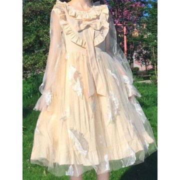 洛麗塔網紗裙夏新款日系軟妹蝴蝶結木耳邊羽毛連衣裙純色公主裙女