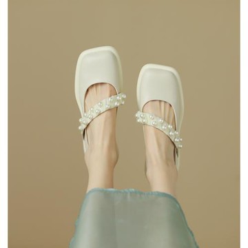 Tavi塔維！網紅仙女風2024春季新款時尚圓頭淺口珍珠一字帶單鞋女