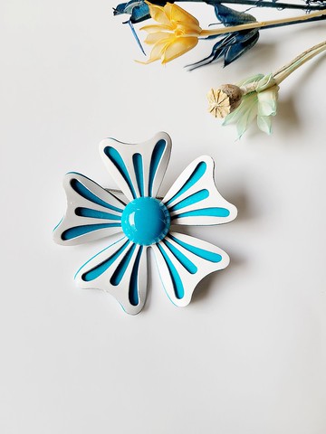 60年代天藍白邊雙層釉質花胸針花胸針/別針/美國西洋古董飾品
