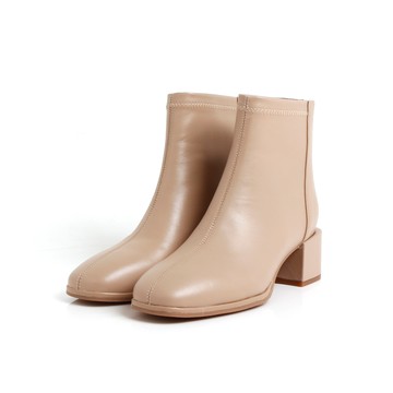 微方頭真皮質感高跟短靴-杏