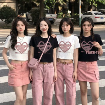 100%不起球ins甜辣短款上衣女學生韓版寬松鹽系短袖T恤小眾夏季潮滌綸材質印花純色字母甜美清新學院風格 短版 t恤