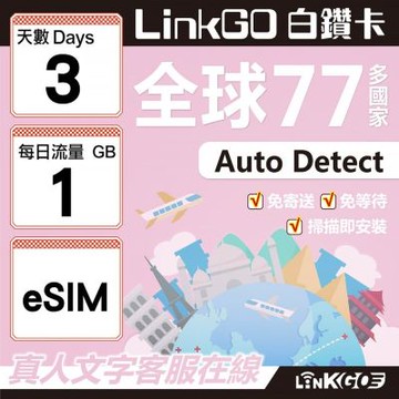 LINKGO白鑽卡 全球77國 eSIM卡 3天上網卡 每日1GB(全球網卡 亞洲 歐洲 美洲 大洋洲 非洲)