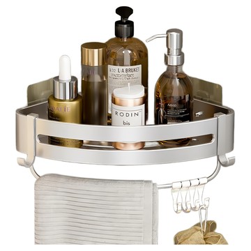 超級工廠 浴室置物架 三角架帶桿帶鉤 無痕貼片款 消光銀  1個