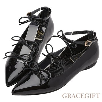 【Grace Gift】小貓聯名-浪漫邂逅全真皮尖頭蝴蝶結芭蕾平底鞋 黑漆