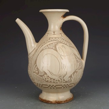 宋磁州窯剃花兔娃執壺 古董古玩收藏品 老貨舊貨 出土瓷器名窯瓷