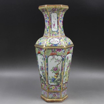 清乾隆款描金琺瑯彩花鳥六方賞瓶 仿古復古家居擺件瓷器 古玩收藏1入