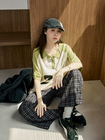 簡約格紋造型腰鬆緊抽繩寬褲