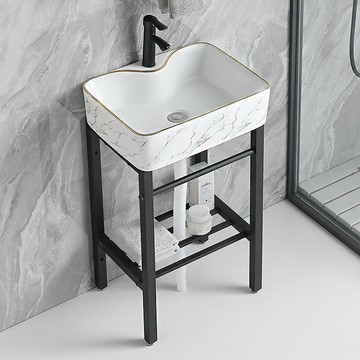 免運 開立發票 洗手盆 陶瓷洗手盆 浴室洗臉盆 陽台洗手盆 簡約陽臺落地式洗手盆衛生間一體陶瓷洗臉盆不銹鋼支架洗漱池防水特惠/工廠現貨 特價出 Z1121