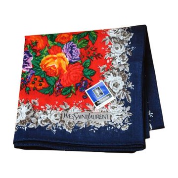 YSL Yves Saint Laurent 紅玫瑰花卉圖騰字母LOGO帕領巾(深藍/紅色系/48CM)