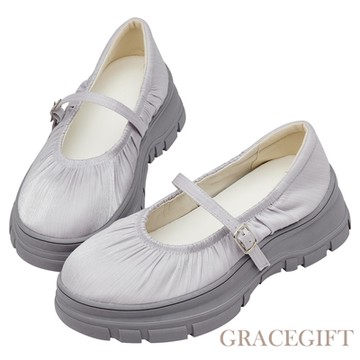 【Grace Gift】青春少女緞光抓皺芭蕾厚底瑪莉珍鞋 灰